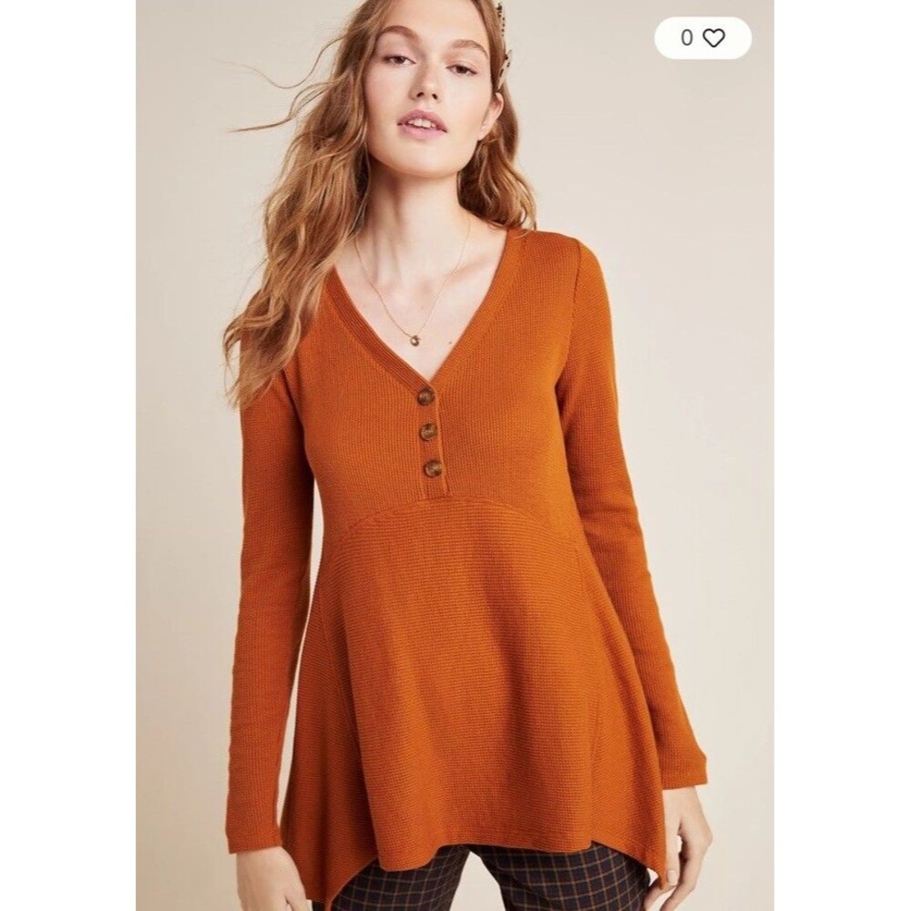 Anthropologie Maeve Eliza Henley Babydoll Tunic Top Size Small Brown Waffle Knit